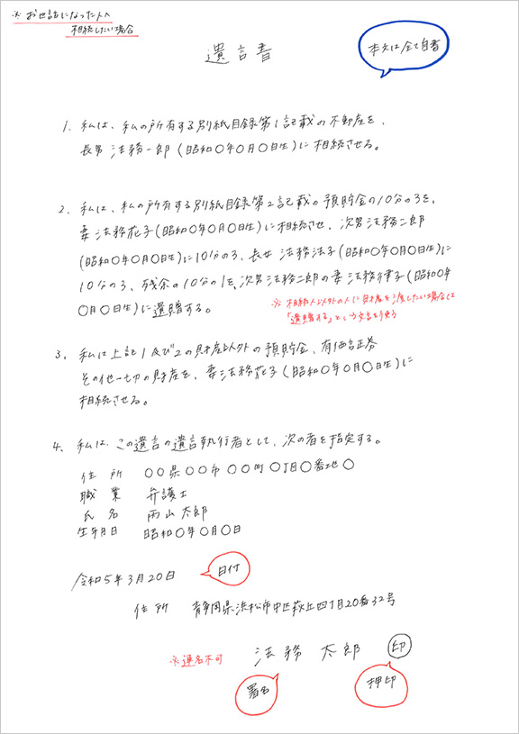 自筆証書遺言のサンプル